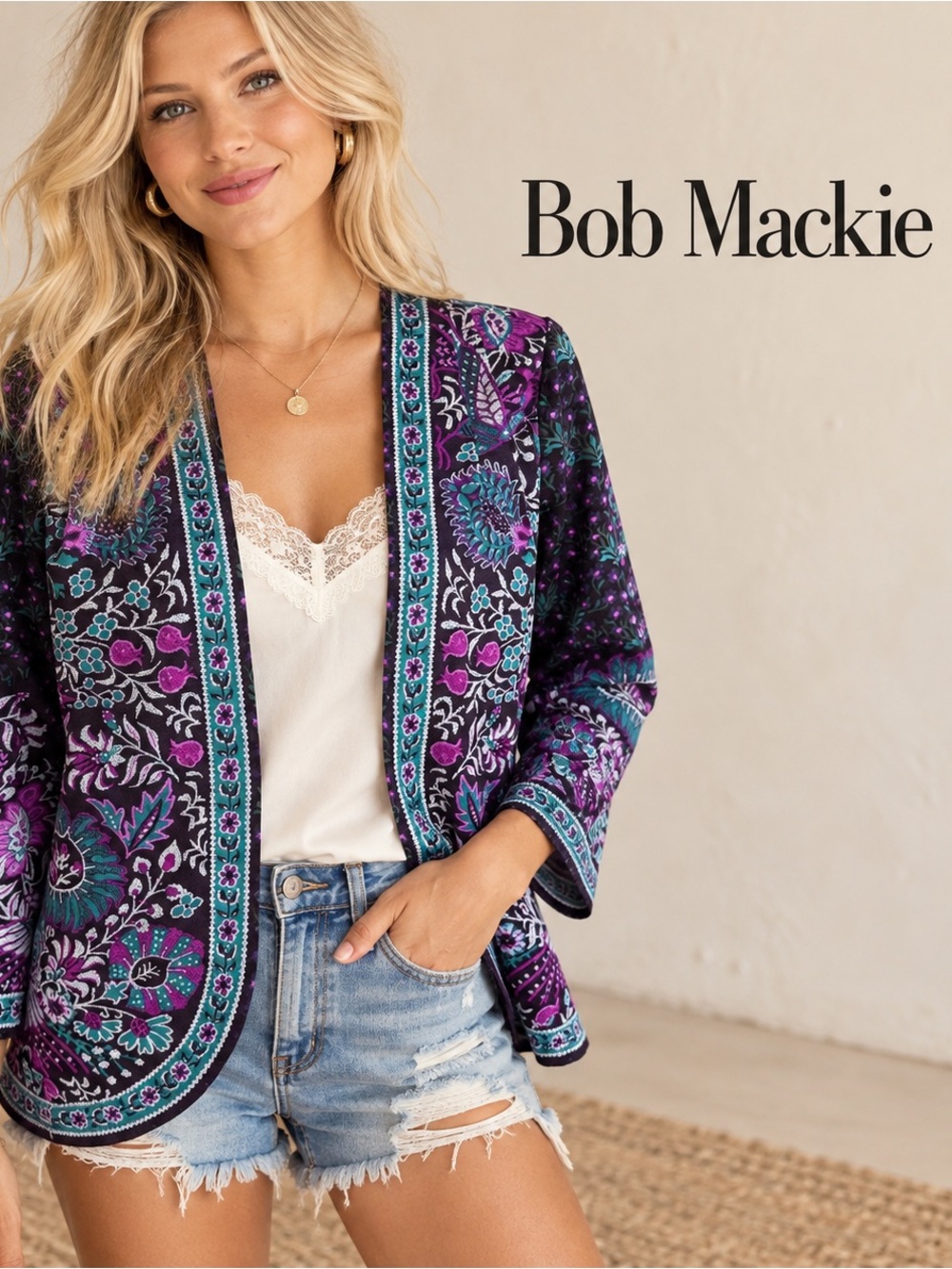 🌸Bob Mackie Wearable Art Open Front Cardigan size XXS Oversized Boho Festival
